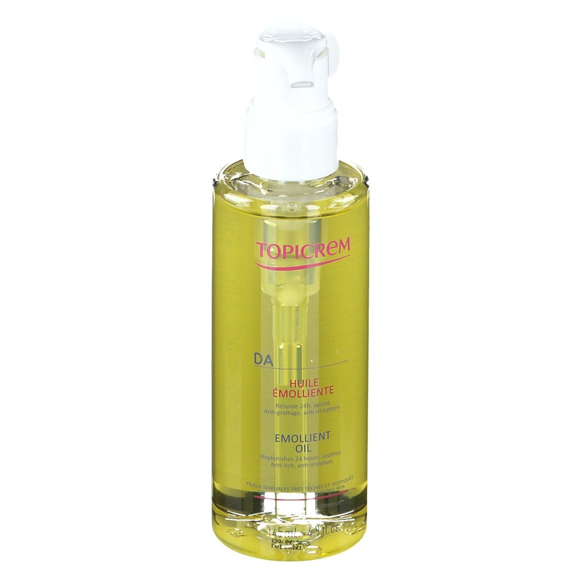 TOPICREM DA Huile Émolliente. Flacon transparent avec liquide jaune et pompe. Inscriptions: DA, Huile Émolliente, Emollient Oil.