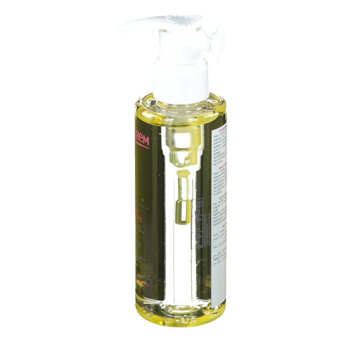 TOPICREM DA Huile Émolliente. Flacon avec liquide jaune et pompe. Dos avec texte. Inscriptions: DA, Huile Émolliente, Emollient Oil.