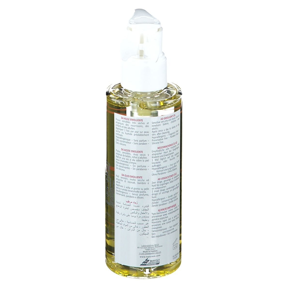 TOPICREM DA Huile Émolliente. Flacon avec liquide jaune et pompe. Dos avec texte. Inscriptions: DA, Huile Émolliente, Emollient Oil.