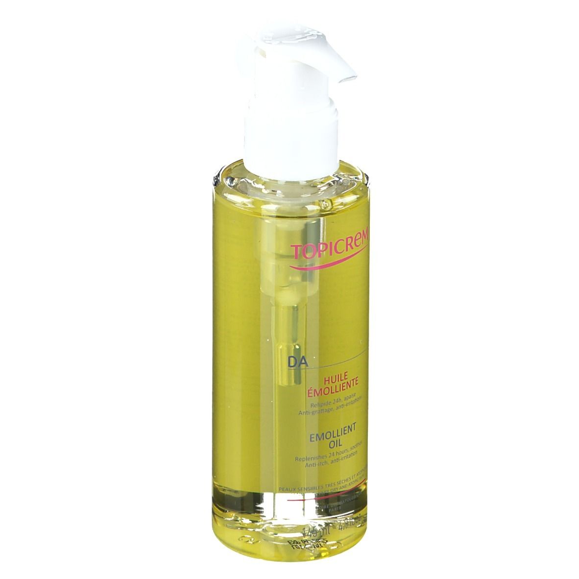 TOPICREM DA Huile Émolliente. Flacon avec liquide jaune et pompe. Inscriptions: DA, Huile Émolliente, Emollient Oil.