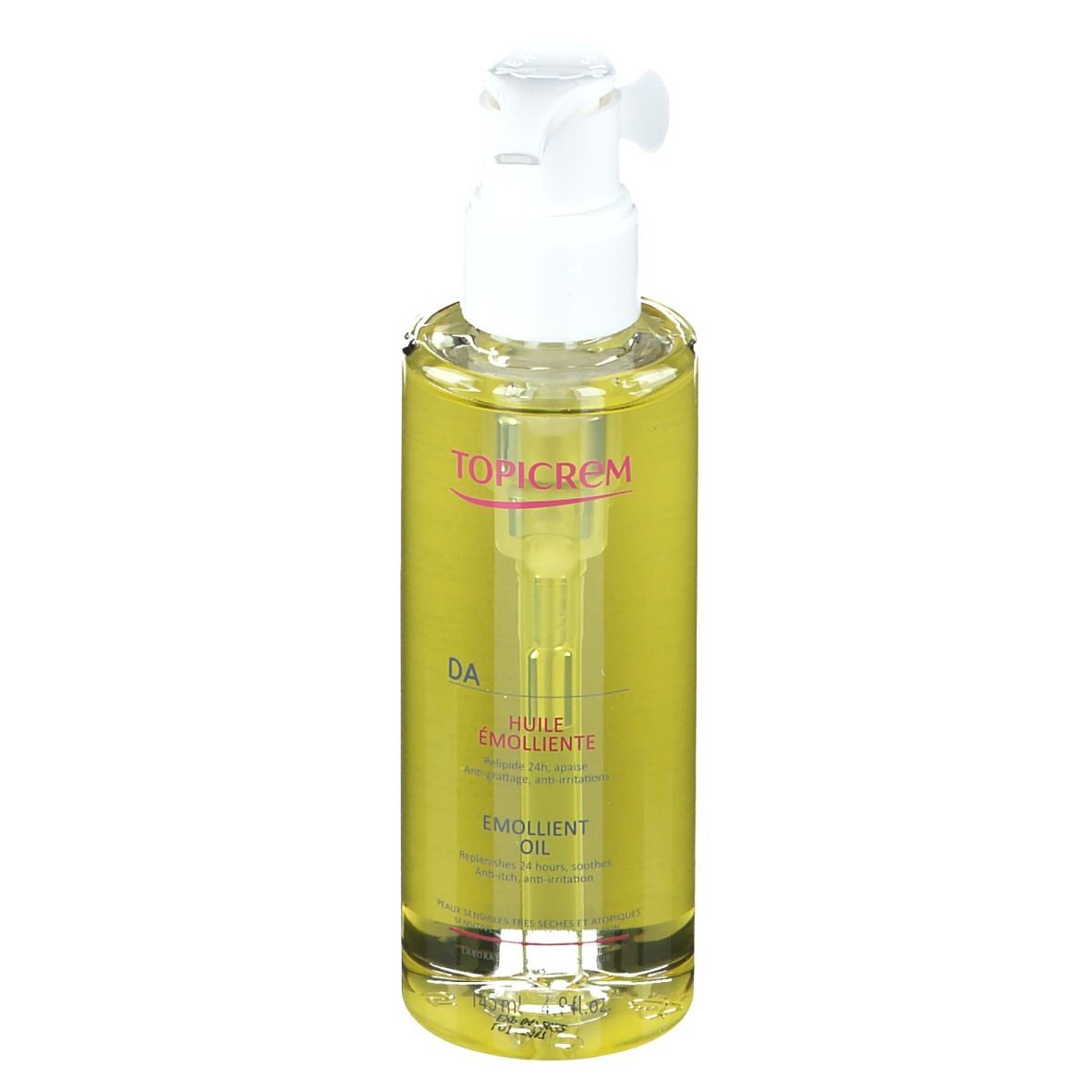 TOPICREM DA Huile Émolliente. Flacon avec liquide jaune et pompe. Inscriptions: DA, Huile Émolliente, Emollient Oil.