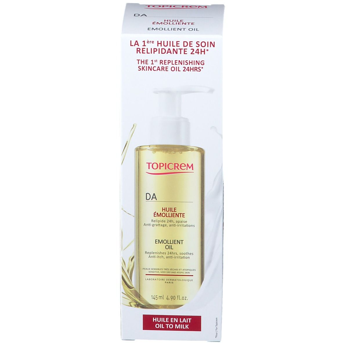 TOPICREM DA Huile Émolliente. Flacon pompe et emballage. Inscriptions: DA, Huile Émolliente, Emollient Oil, 145ml.