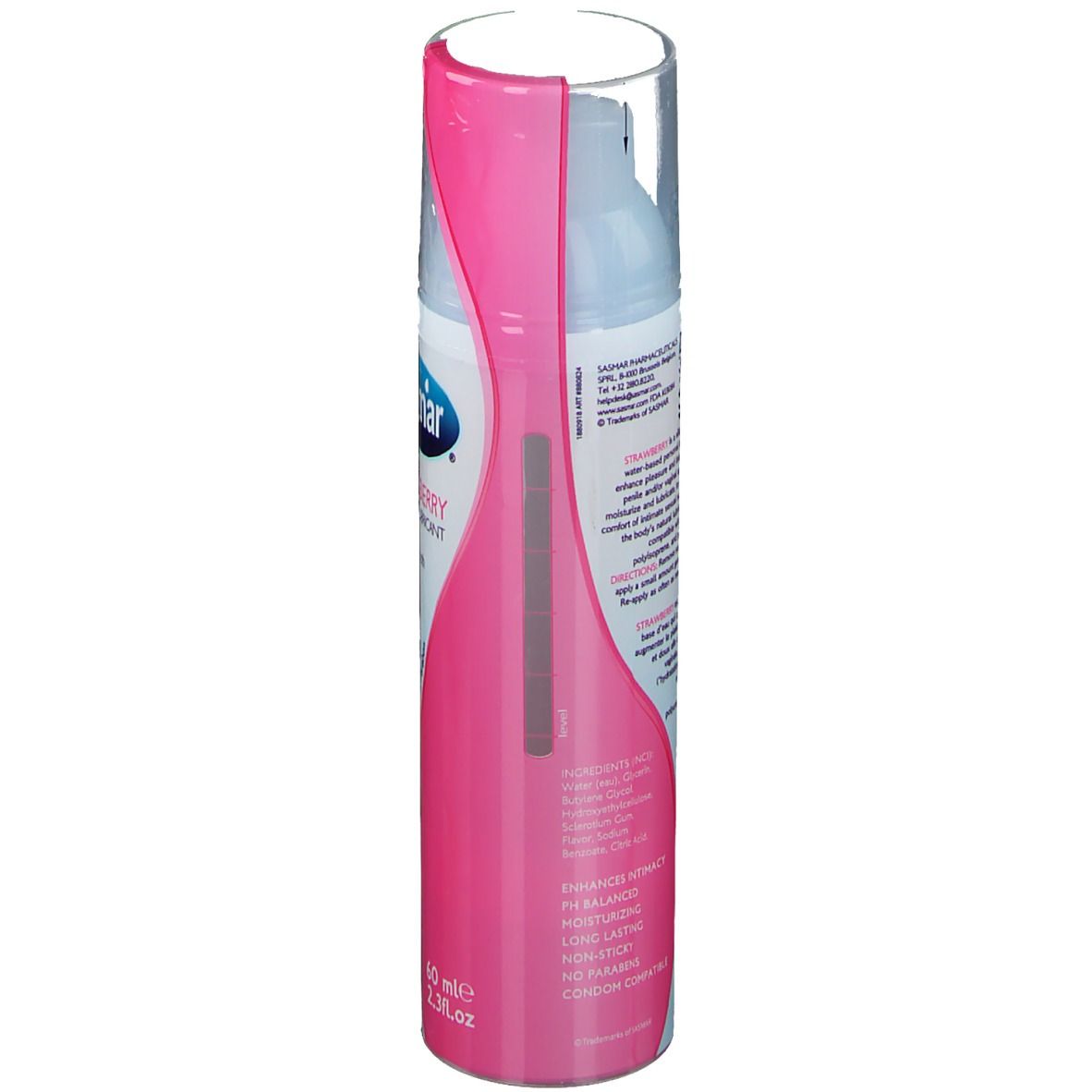 Vue arrière du flacon "Sasmar Strawberry Personal Lubricant". Emballage rose, informations textuelles, bouchon transparent.