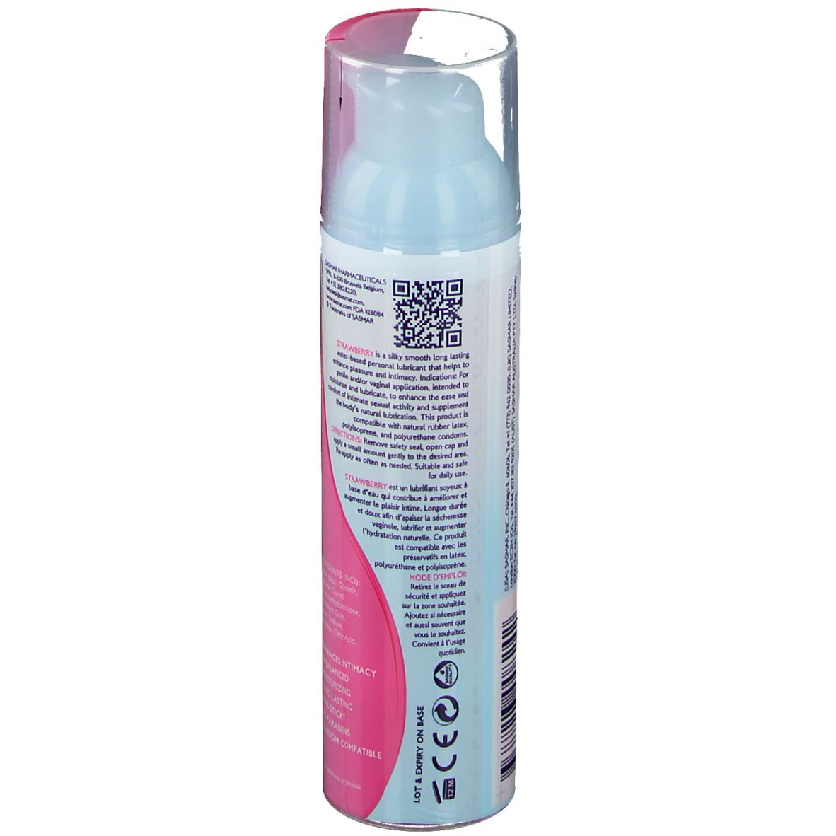 Vue arrière du flacon "Sasmar Strawberry Personal Lubricant". Informations textuelles, code QR, bouchon transparent.