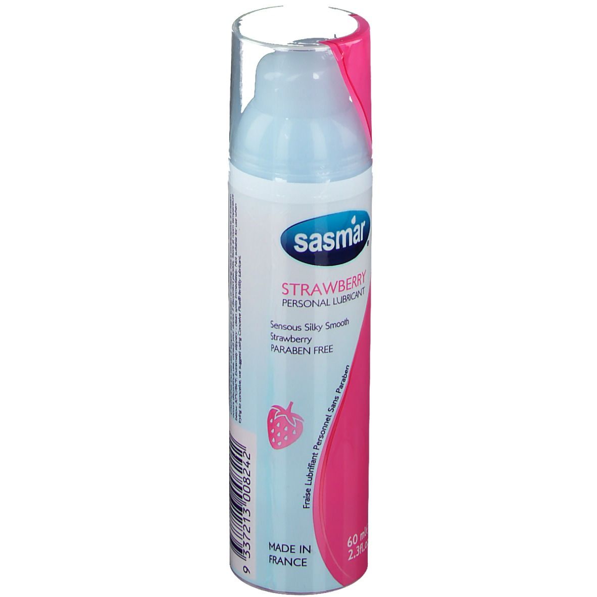 Flacon "Sasmar Strawberry Personal Lubricant". Emballage rose et blanc, bouchon transparent, logo fraise.