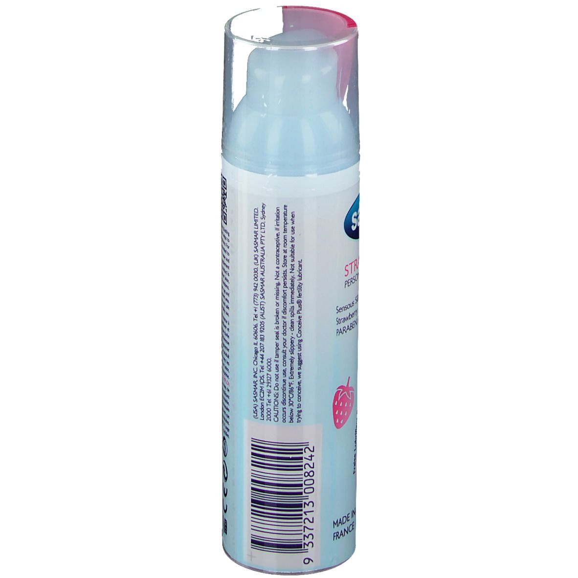Vue arrière du flacon "Sasmar Strawberry Personal Lubricant". Texte, code-barres, bouchon transparent.