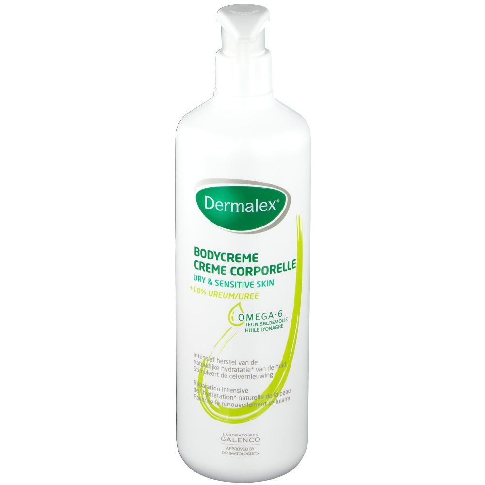 Witte fles met groen etiket. Opschrift: Dermalex Bodycrème, 10% Ureum. Met dispenser. Bevat Omega-6.