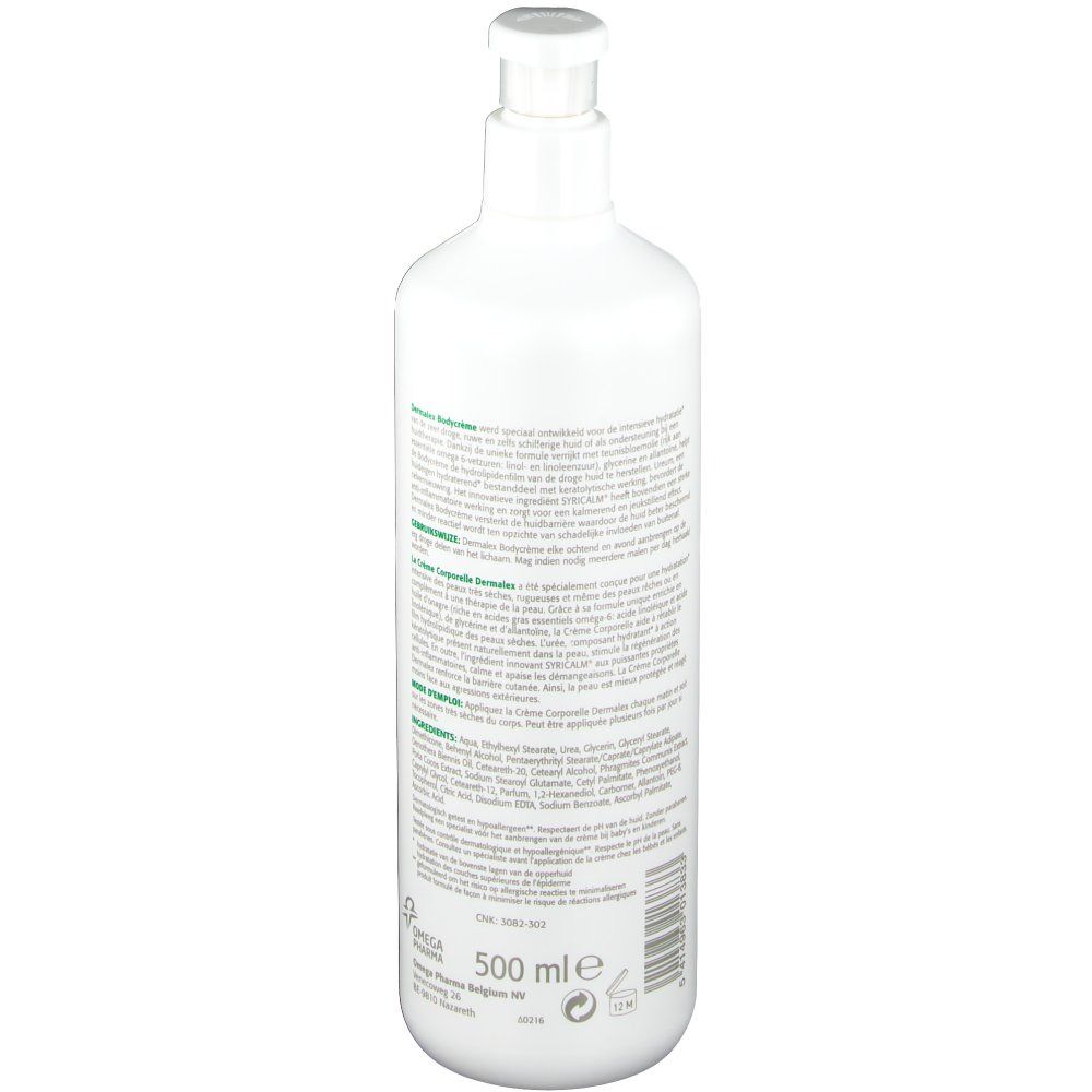 Achterkant van de witte fles. Tekst in meerdere talen. Bevat informatie over ingrediënten en fabrikant. 500 ml.