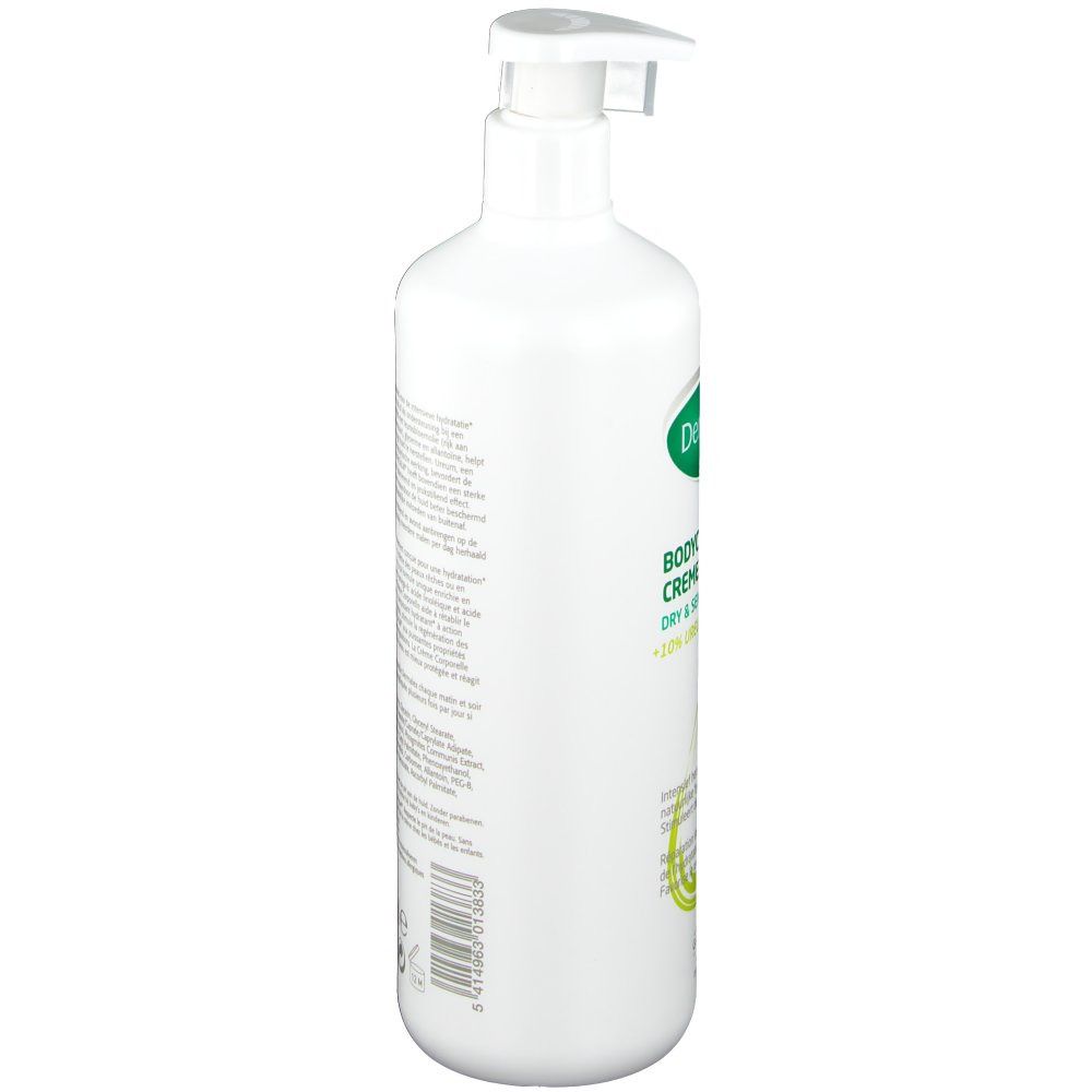 Witte fles met groen etiket. Opschrift: Dermalex Bodycrème, 10% Ureum. Met dispenser. Zijaanzicht.
