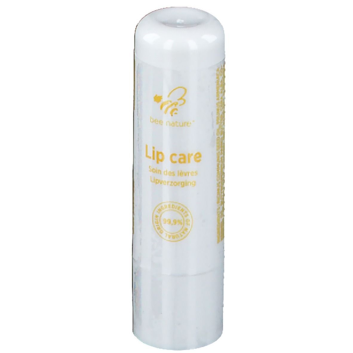 Stick de soin des lèvres blanc avec texte jaune. Inscription : Lip care, 99,9% ingrédients naturels. Marque : Biene Natur.