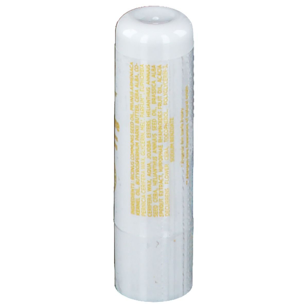 Stick de soin des lèvres blanc avec texte jaune. Inscription : Ingrédients. Texte avec ingrédients en jaune.