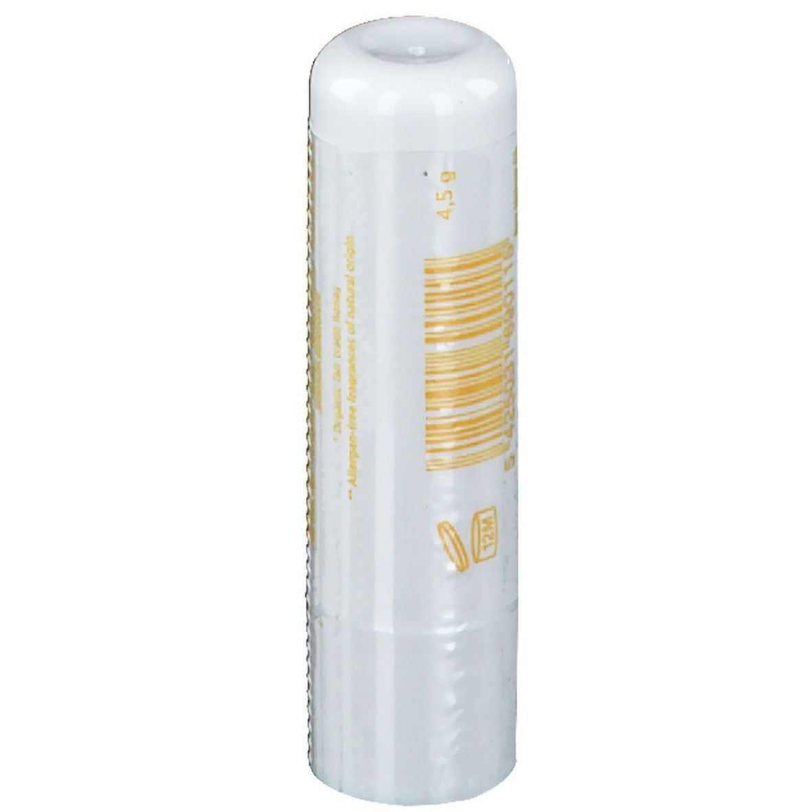 Stick de soin des lèvres blanc avec texte jaune. Inscription : 4,5 g. Code-barres et autres informations en jaune.
