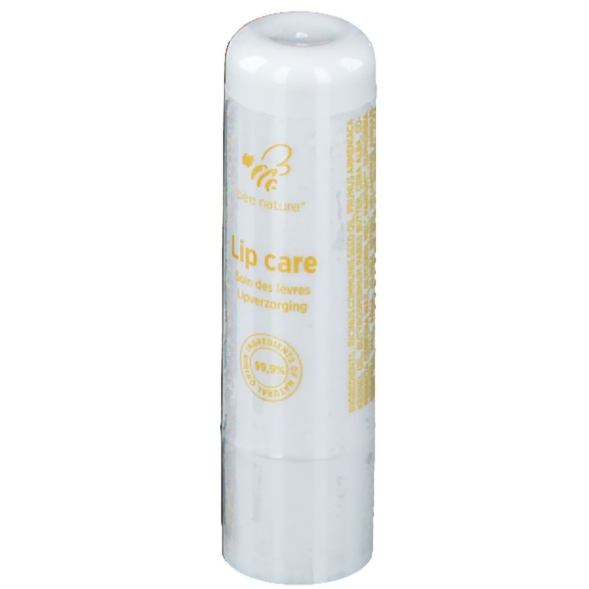 Stick de soin des lèvres blanc avec texte jaune. Inscription : Lip care, 99,9% ingrédients naturels. Marque : Biene Natur.