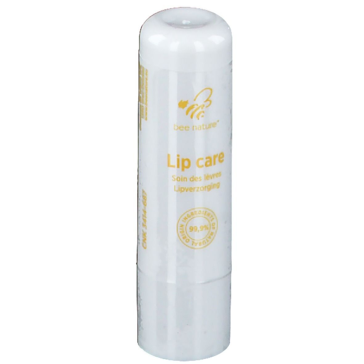 Stick de soin des lèvres blanc avec texte jaune. Inscription : Lip care, 99,9% ingrédients naturels. Marque : Biene Natur.
