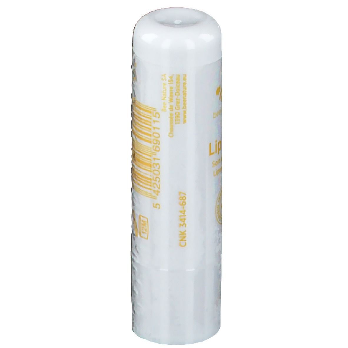 Stick de soin des lèvres blanc avec texte jaune. Inscription : Lip care. Marque : Biene Natur. CNK 3414-687.