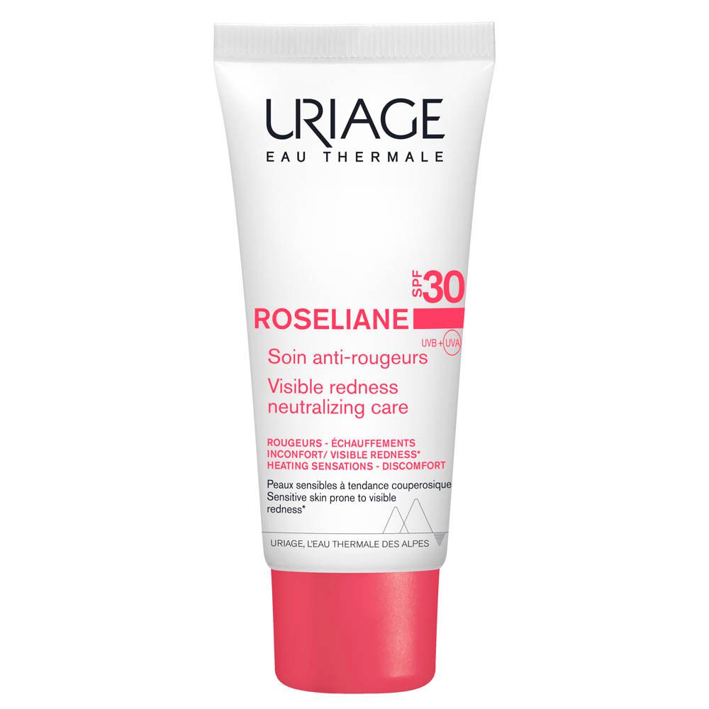 Tube Uriage Roséliane. Tube blanc avec bouchon rouge. Texte et SPF 30.