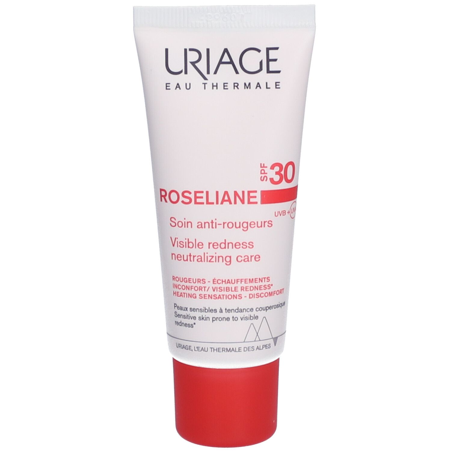 Tube Uriage Roséliane. Tube blanc avec bouchon rouge. Texte et SPF 30.