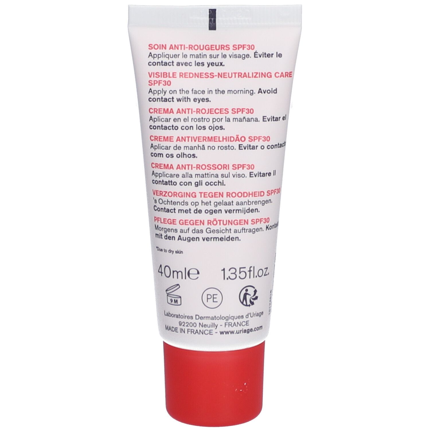 Dos du tube Uriage Roséliane. Texte multilingue. Bouchon rouge.