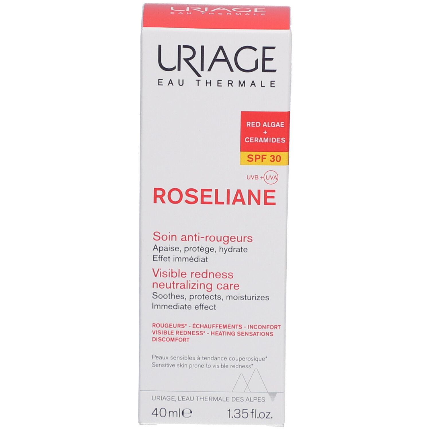 Emballage Uriage Roséliane. Carton blanc avec texte et SPF 30. Accent rouge.