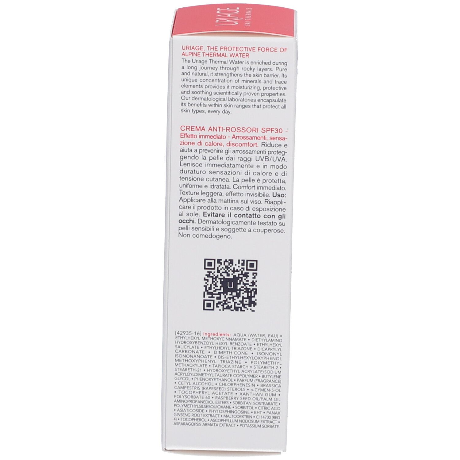 Côté de l'emballage Uriage Roséliane. Texte multilingue. Accent rouge.
