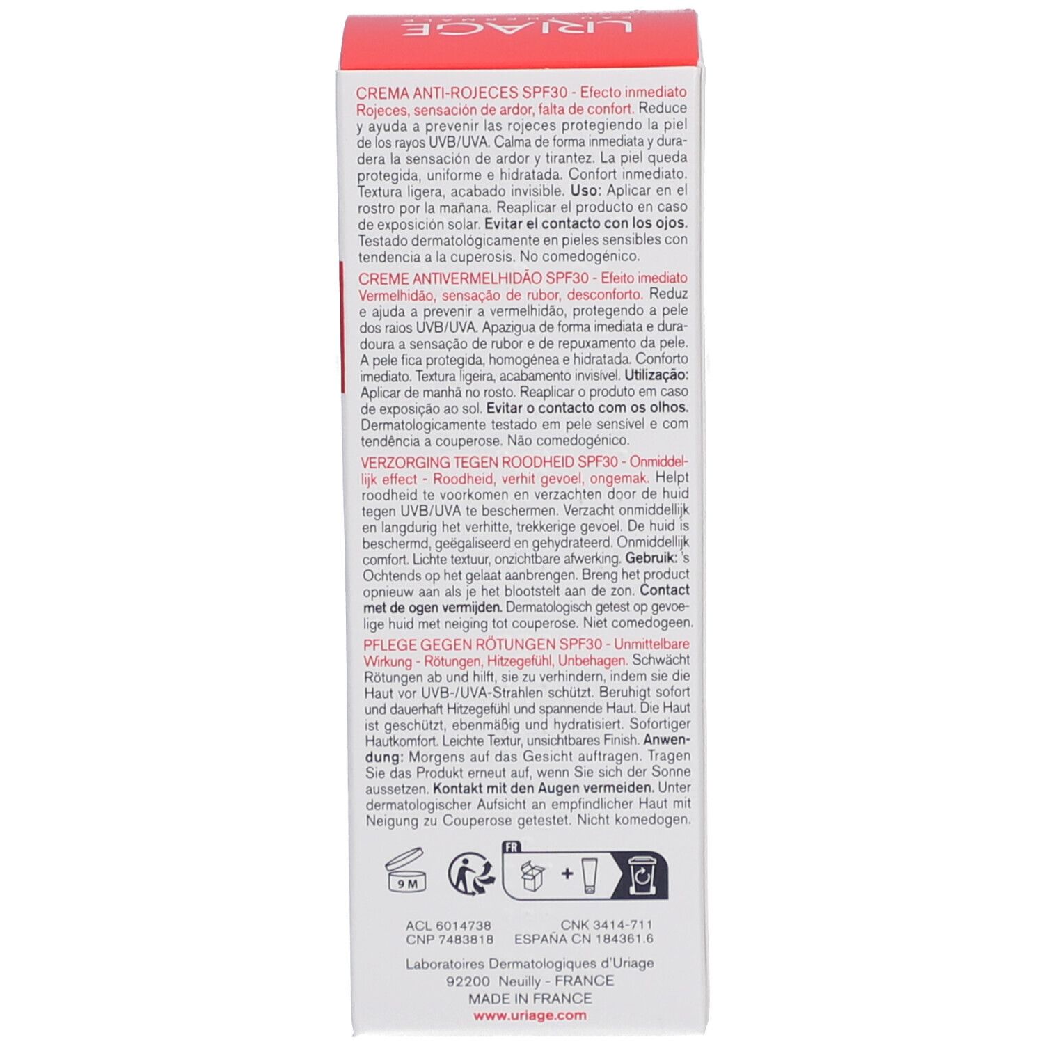 Dos de l'emballage Uriage Roséliane. Texte multilingue. Accent rouge.