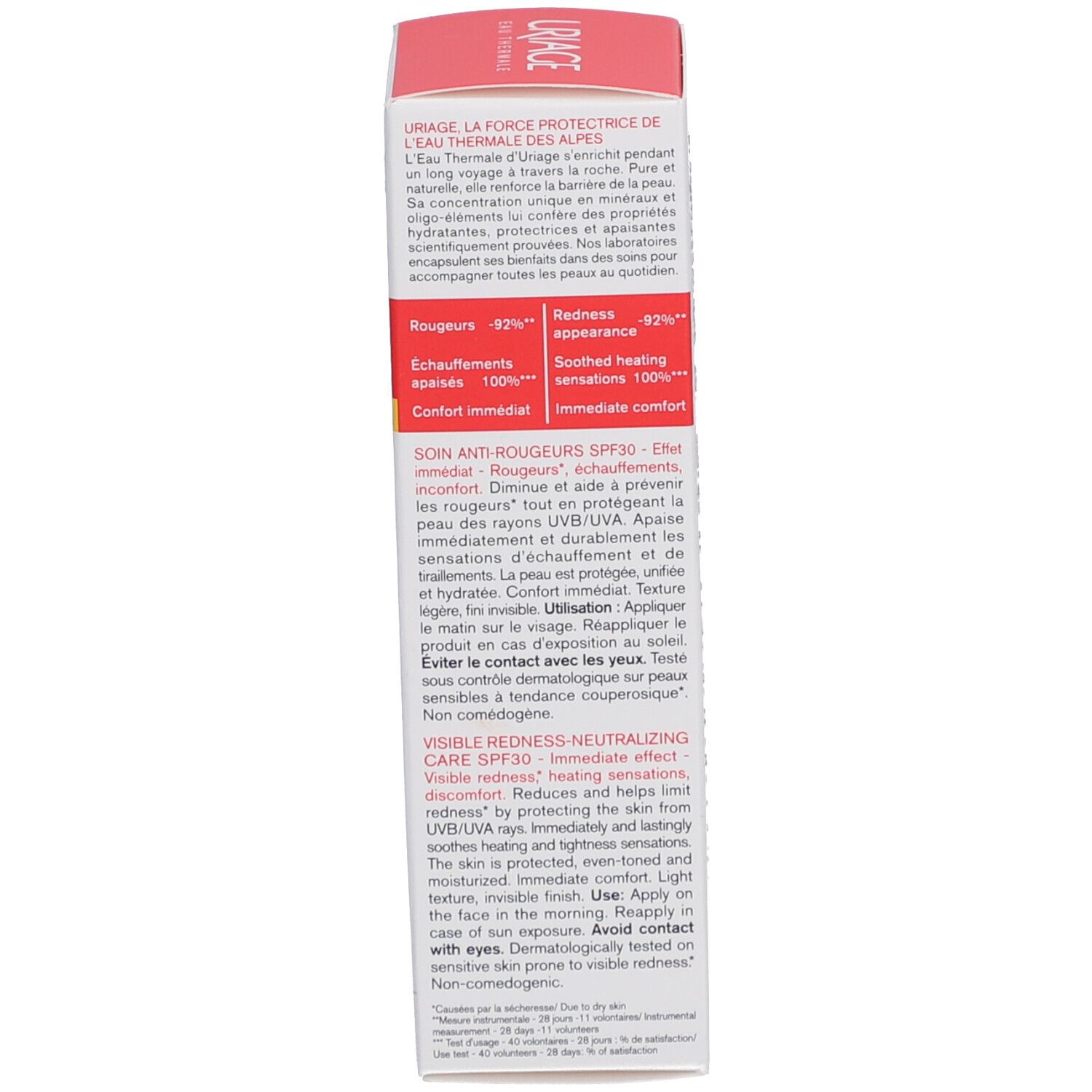 Côté de l'emballage Uriage Roséliane. Texte multilingue. Accent rouge.