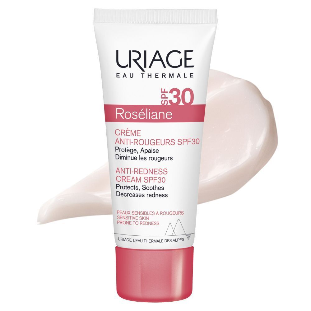 Tube Uriage Roséliane. Tube blanc avec bouchon rouge. Texte et SPF 30.