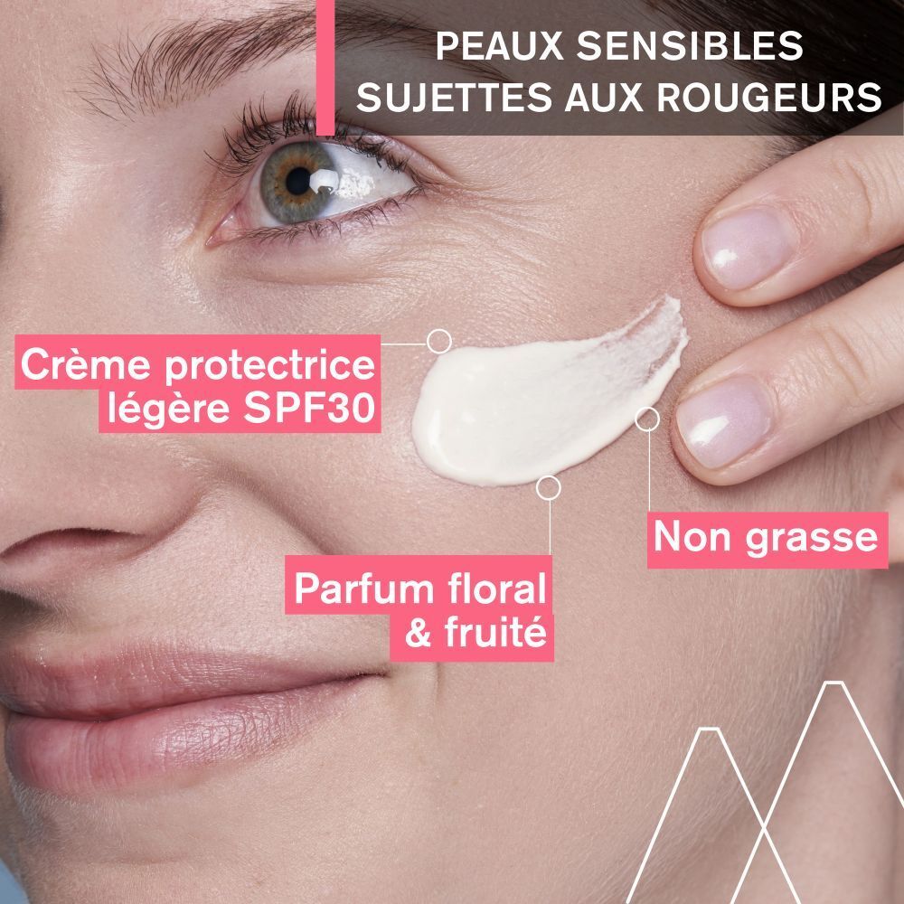 Visage avec crème. Texte: Crème protectrice légère SPF30. Non gras.