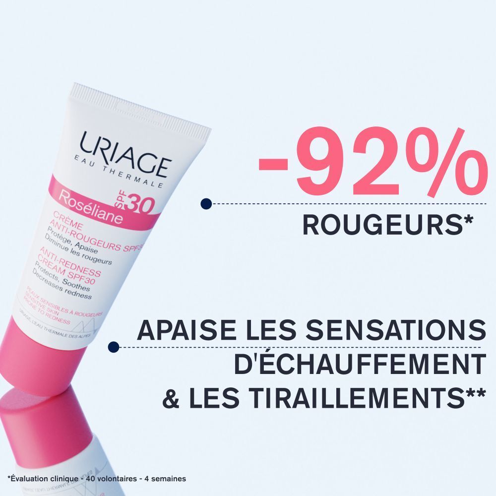 Tube Uriage Roséliane. Texte: -92% rougeurs. Apaise échauffements & tiraillements.