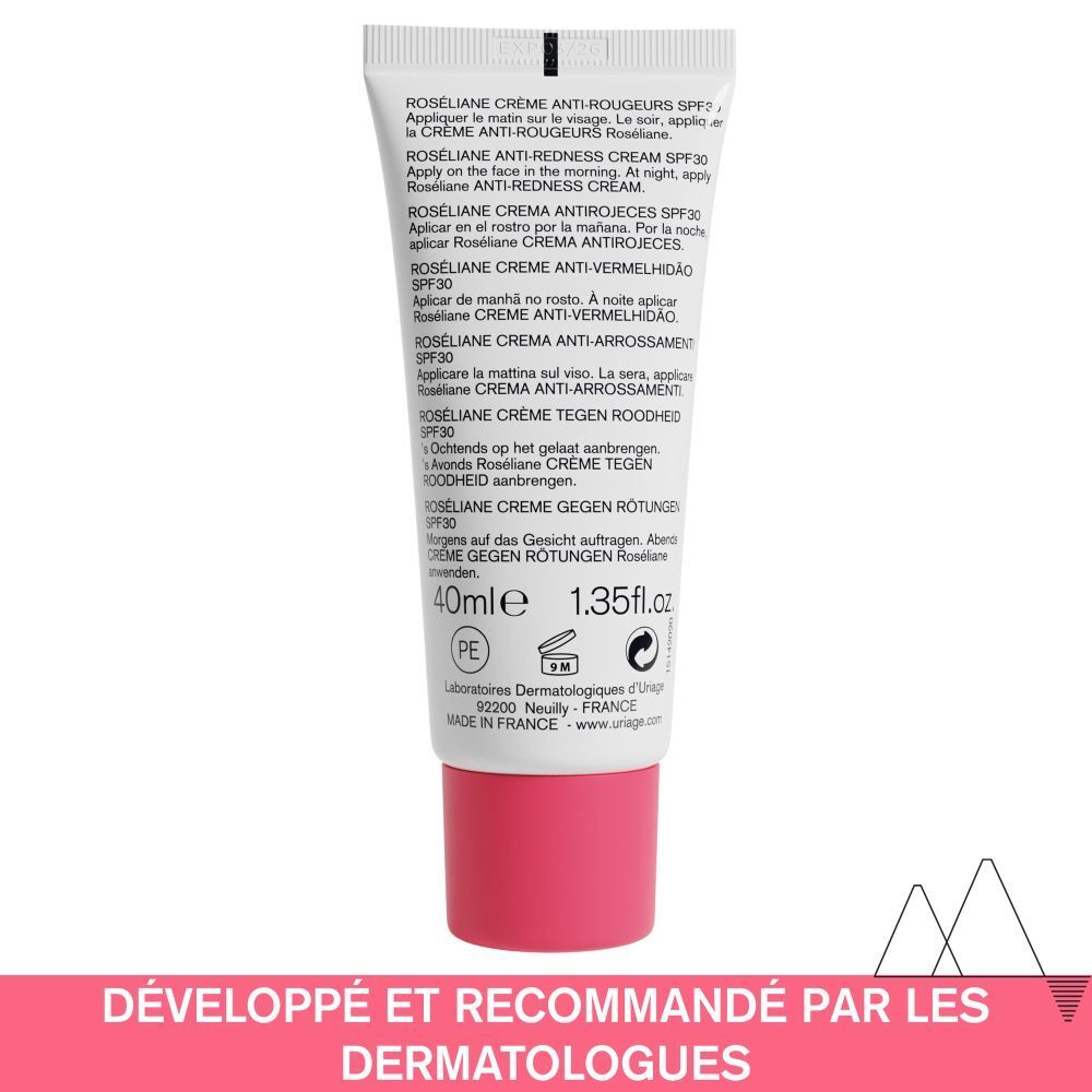 Dos du tube Uriage Roséliane. Texte multilingue. Bouchon rouge.