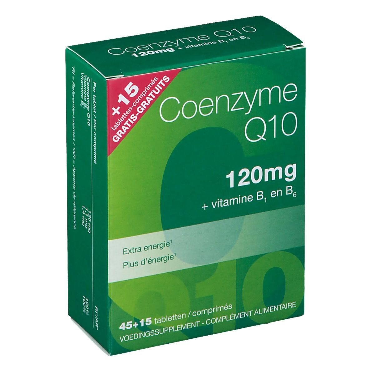 Groene doos Co-enzym Q10 120mg, met vitamine B1 en B6. Opschrift: Extra energie, 45+15 tabletten gratis.