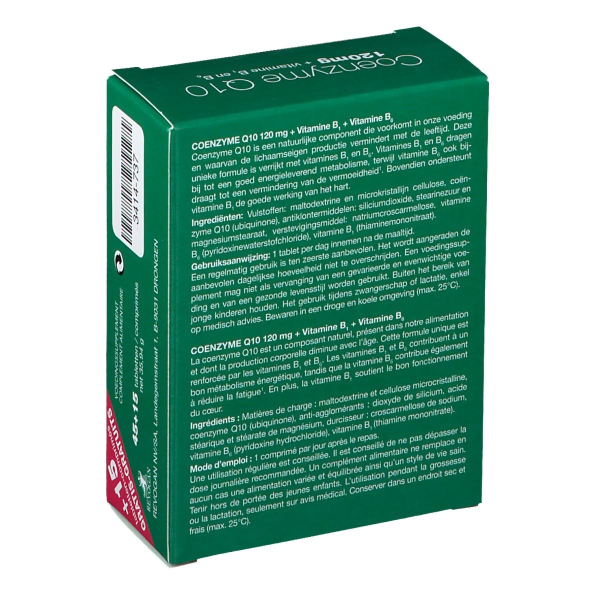 Achterkant groene doos Co-enzym Q10 120mg. Bevat ingrediënten en gebruiksaanwijzing in meerdere talen.