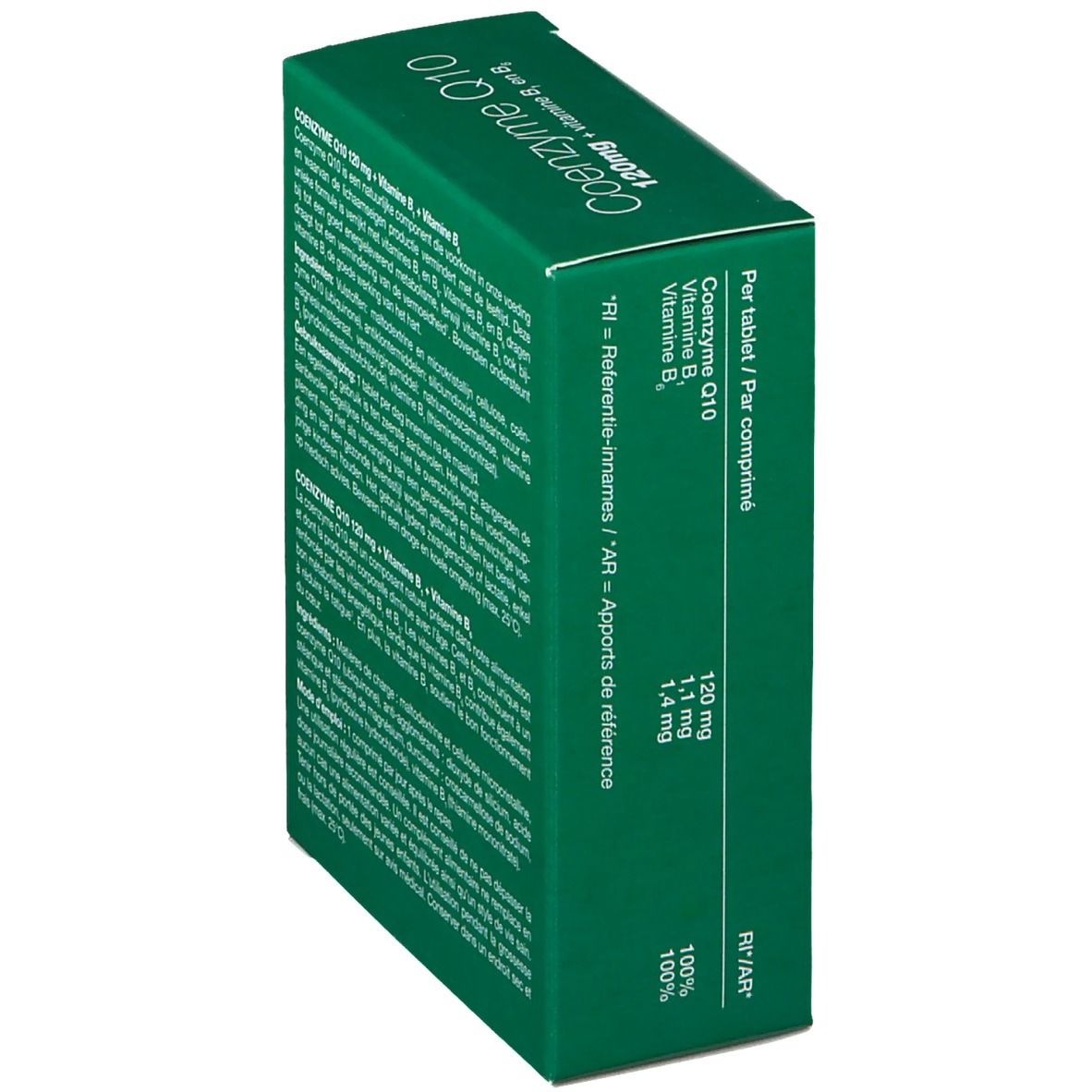 Zijaanzicht groene doos Co-enzym Q10 120mg. Bevat voedingswaarde-informatie en referentiewaarden.