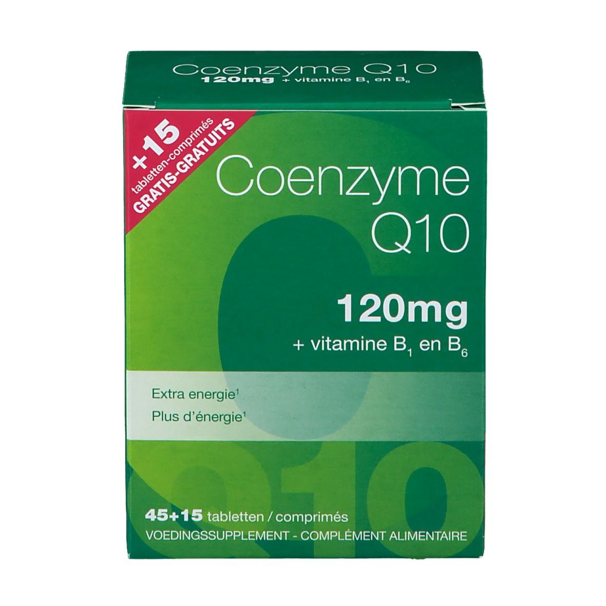 Vooraanzicht groene doos Co-enzym Q10 120mg, met vitamine B1 en B6. Opschrift: Extra energie, 45+15 tabletten gratis.