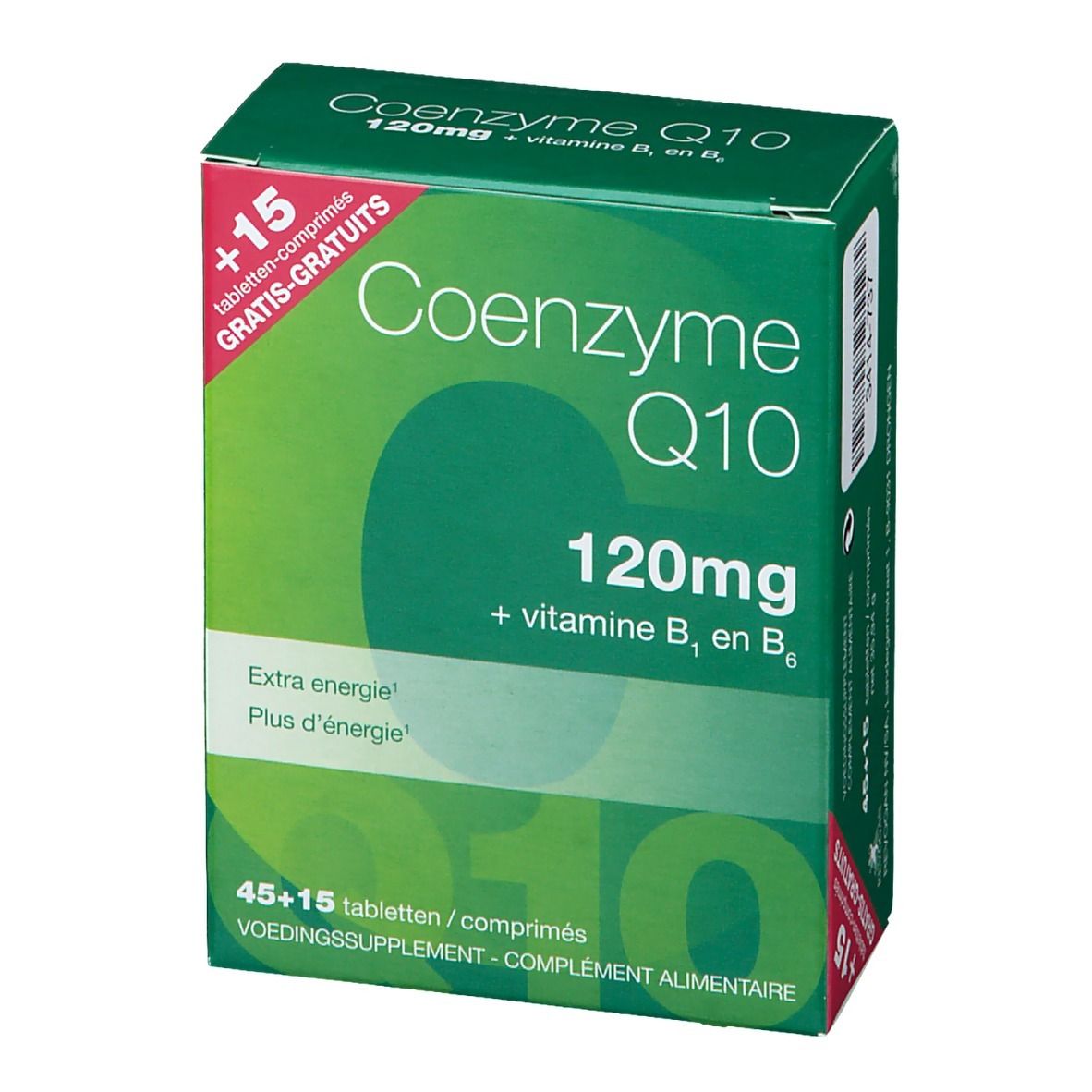 Vooraanzicht groene doos Co-enzym Q10 120mg, met vitamine B1 en B6. Opschrift: Extra energie, 45+15 tabletten gratis.