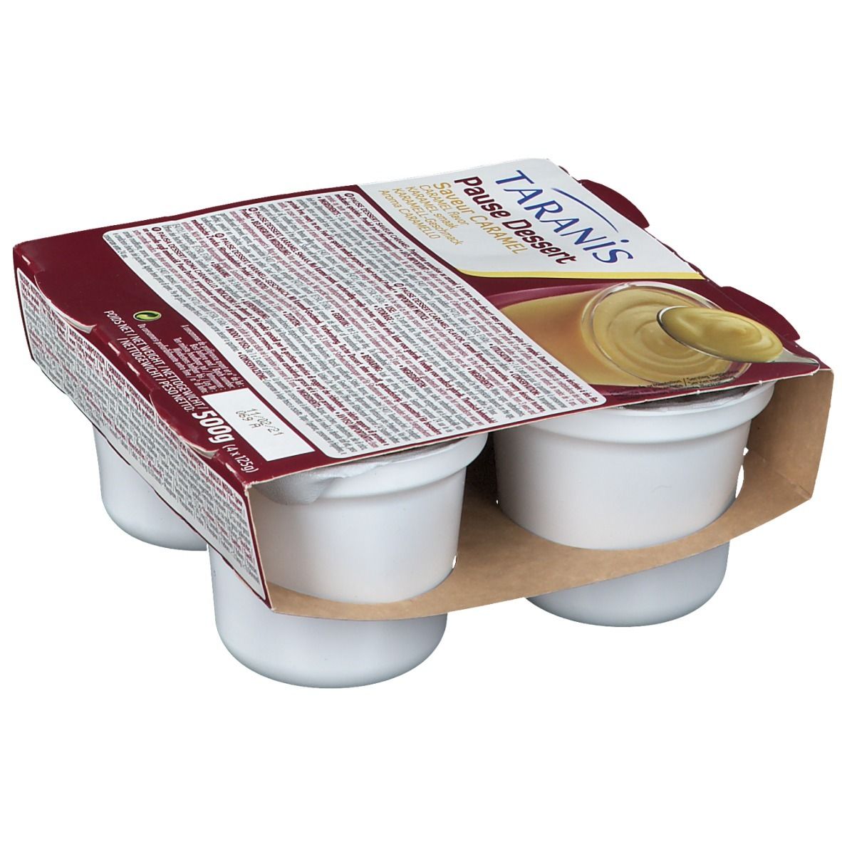 Emballage de quatre pots de dessert. Inscription: Taranis Pause Dessert Caramel. Emballage marron, vue latérale.