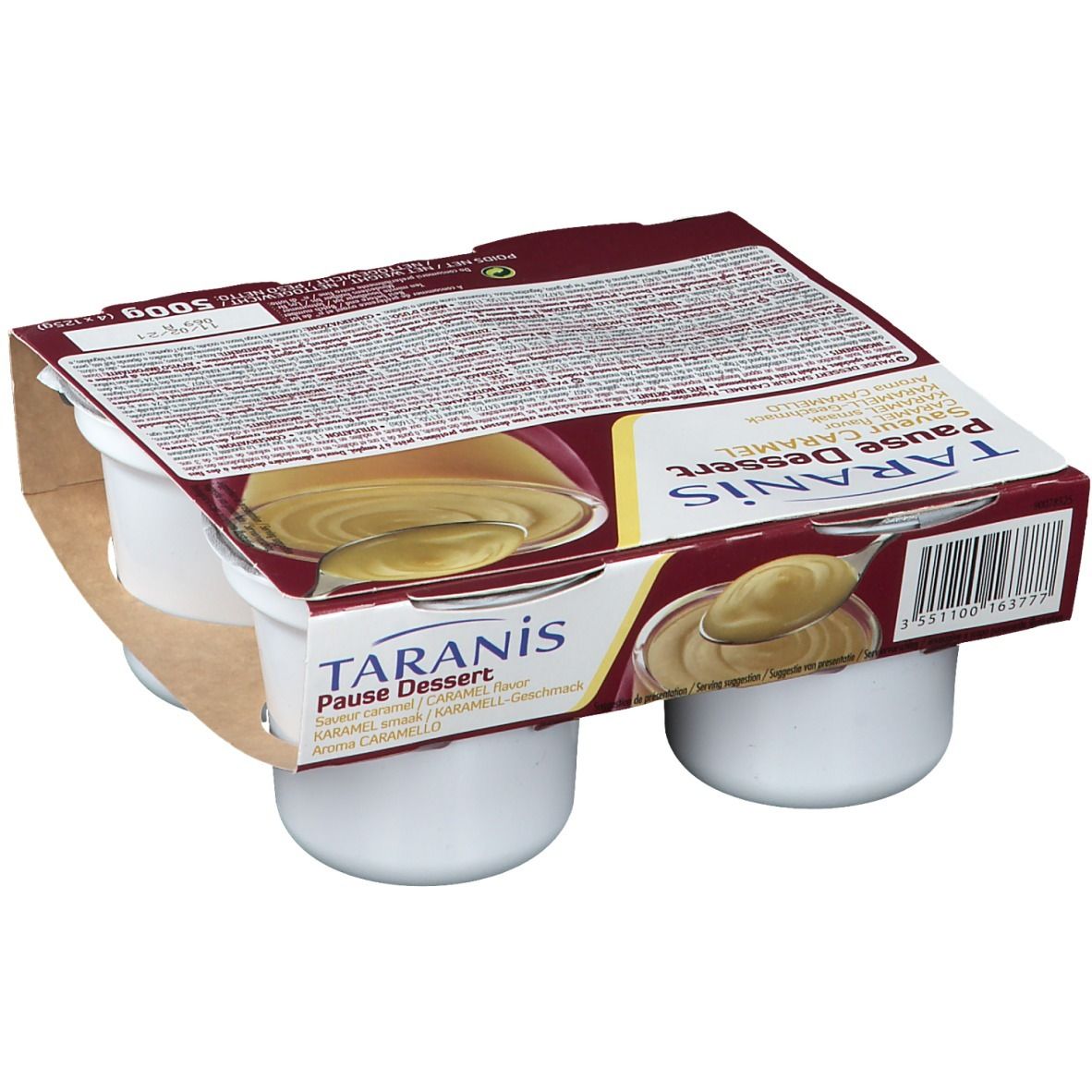 Emballage de quatre pots de dessert. Inscription: Taranis Pause Dessert Caramel. Emballage marron, vue en biais.
