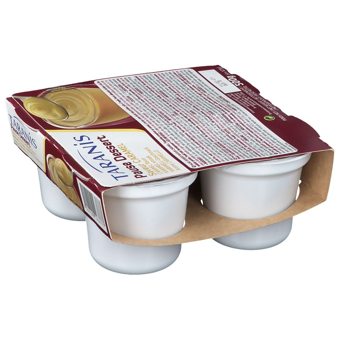 Emballage de quatre pots de dessert. Inscription: Taranis Pause Dessert Caramel. Emballage marron, vue en biais.
