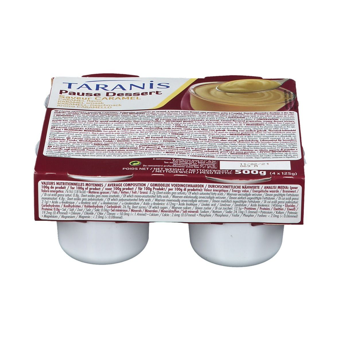 Emballage de quatre pots de dessert. Inscription: Taranis Pause Dessert Caramel. Emballage marron, vue de dessus.