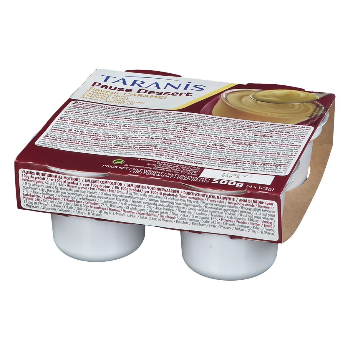 Emballage de quatre pots de dessert. Inscription: Taranis Pause Dessert Caramel. Emballage marron, vue de dessus.