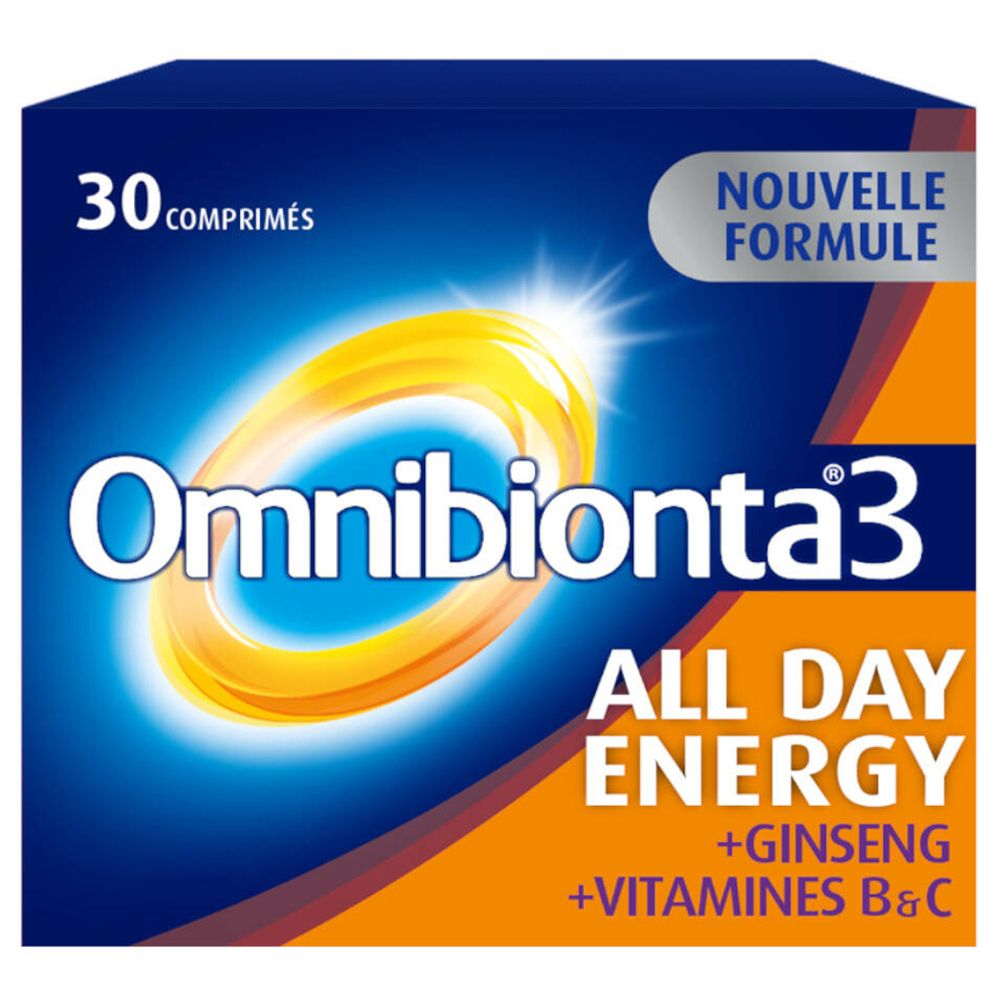 Omnibionta®3 All Day Energy, 30 comprimés. Boîte bleue et orange. Contient du ginseng, des vitamines B & C.