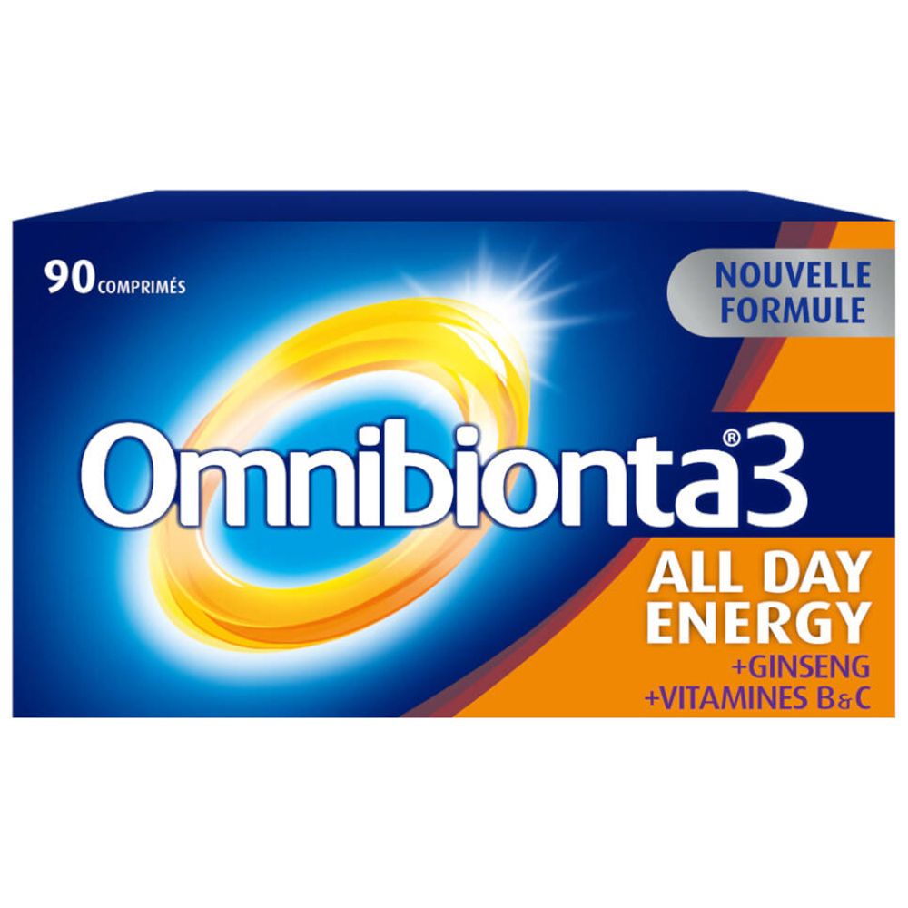 Blauw-oranje doos Omnibionta3 All Day Energy, 90 tabletten. Nieuwe formule.