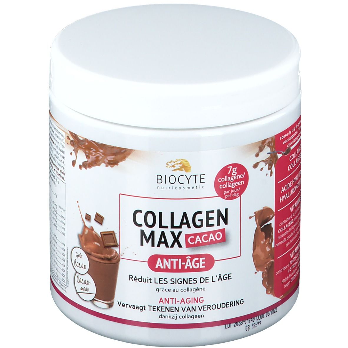 Pot blanc Collagen Max Cacao. Contient 7g de collagène. Formule anti-âge. Ingrédients et informations nutritionnelles.