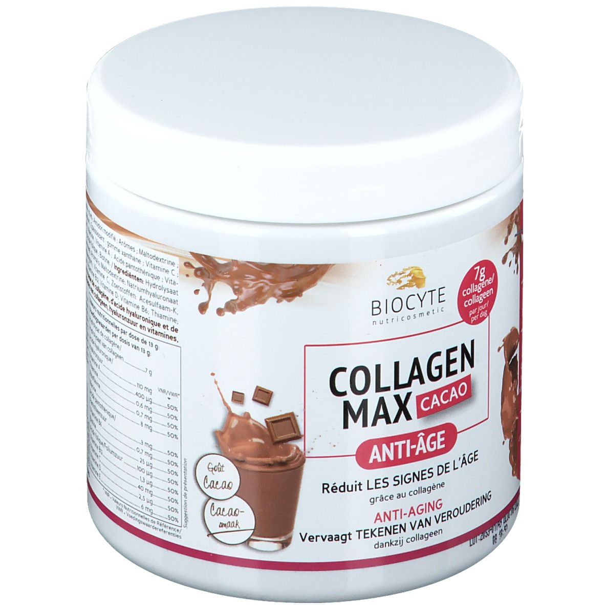 Pot blanc Collagen Max Cacao. Contient 7g de collagène. Formule anti-âge. Ingrédients et informations nutritionnelles.