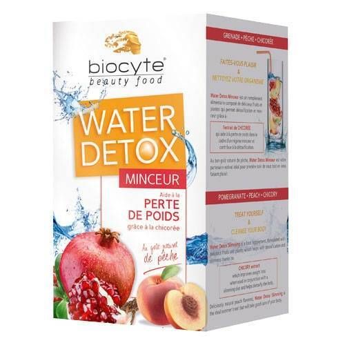 Biocyte Water Detox, Faltschachtel. Granatapfel und Pfirsich-Abbildung. Text: Water Detox Minceur.