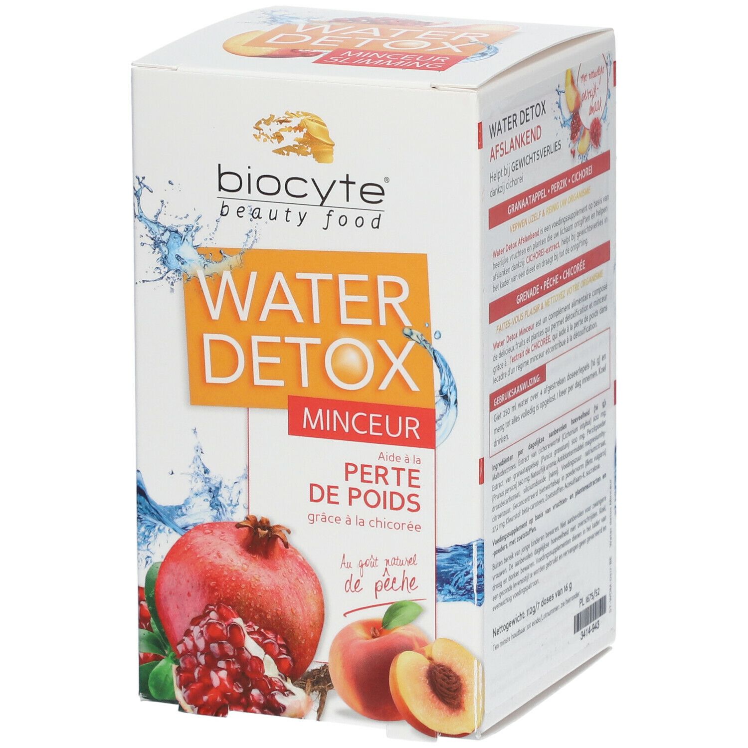 Biocyte Water Detox Faltschachtel. Abbildungen von Granatapfel und Pfirsich. Text: Water Detox Minceur.