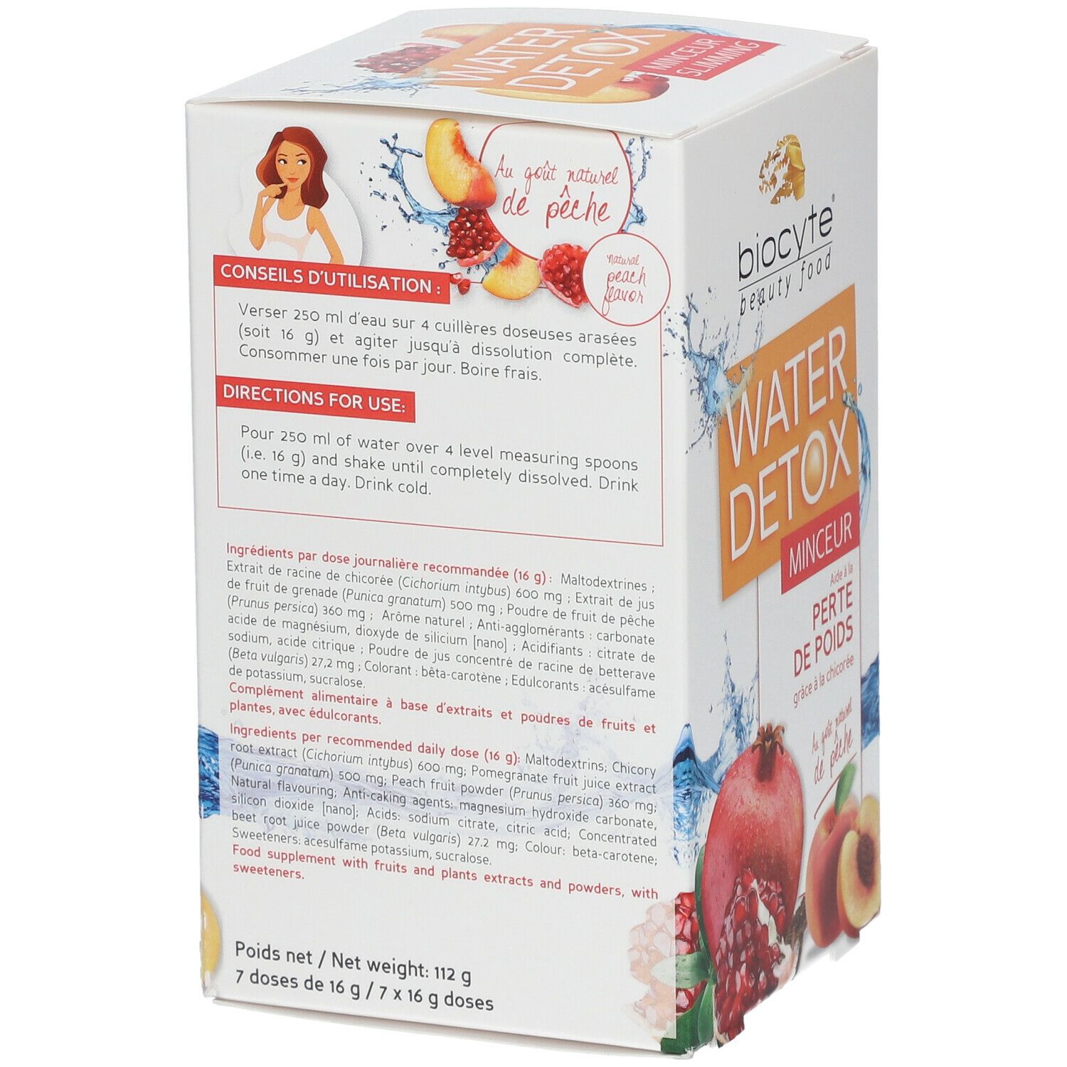 Biocyte Water Detox Faltschachtel. Rückseite mit Inhaltsstoffen und Anwendungshinweisen. Text.