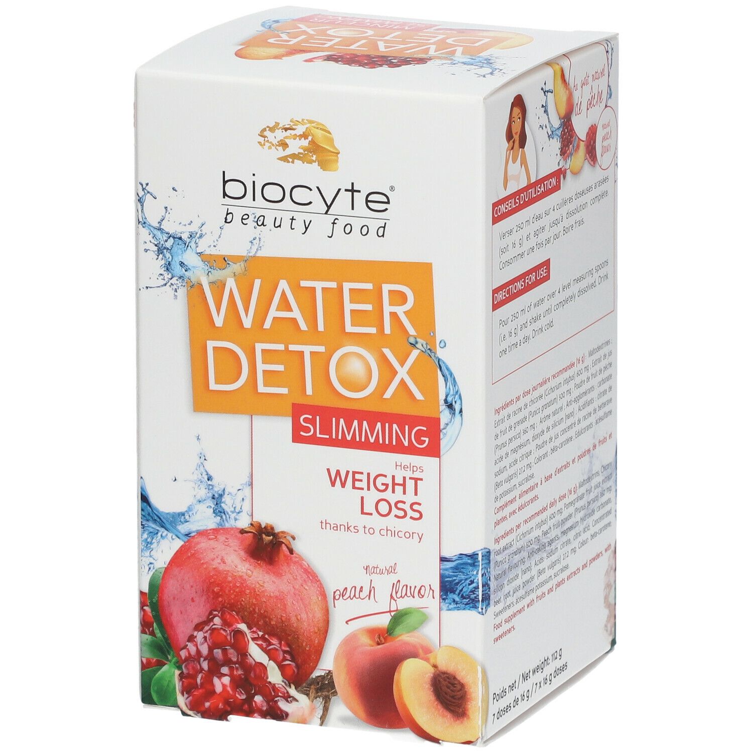 Biocyte Water Detox Faltschachtel. Text: Slimming, Helps weight loss thanks to chicory. Abbildungen.