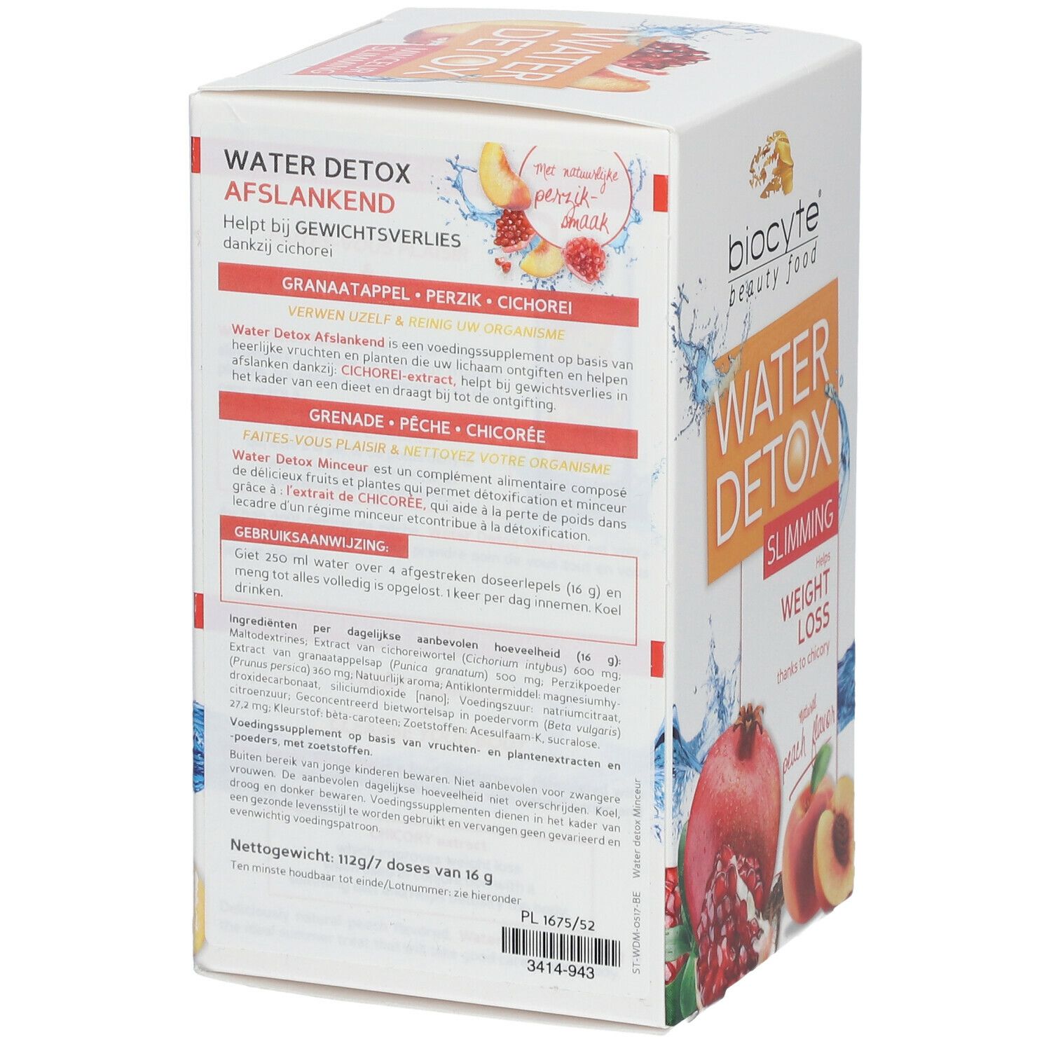 Biocyte Water Detox Faltschachtel. Rückseite mit Text in mehreren Sprachen. Abbildungen.