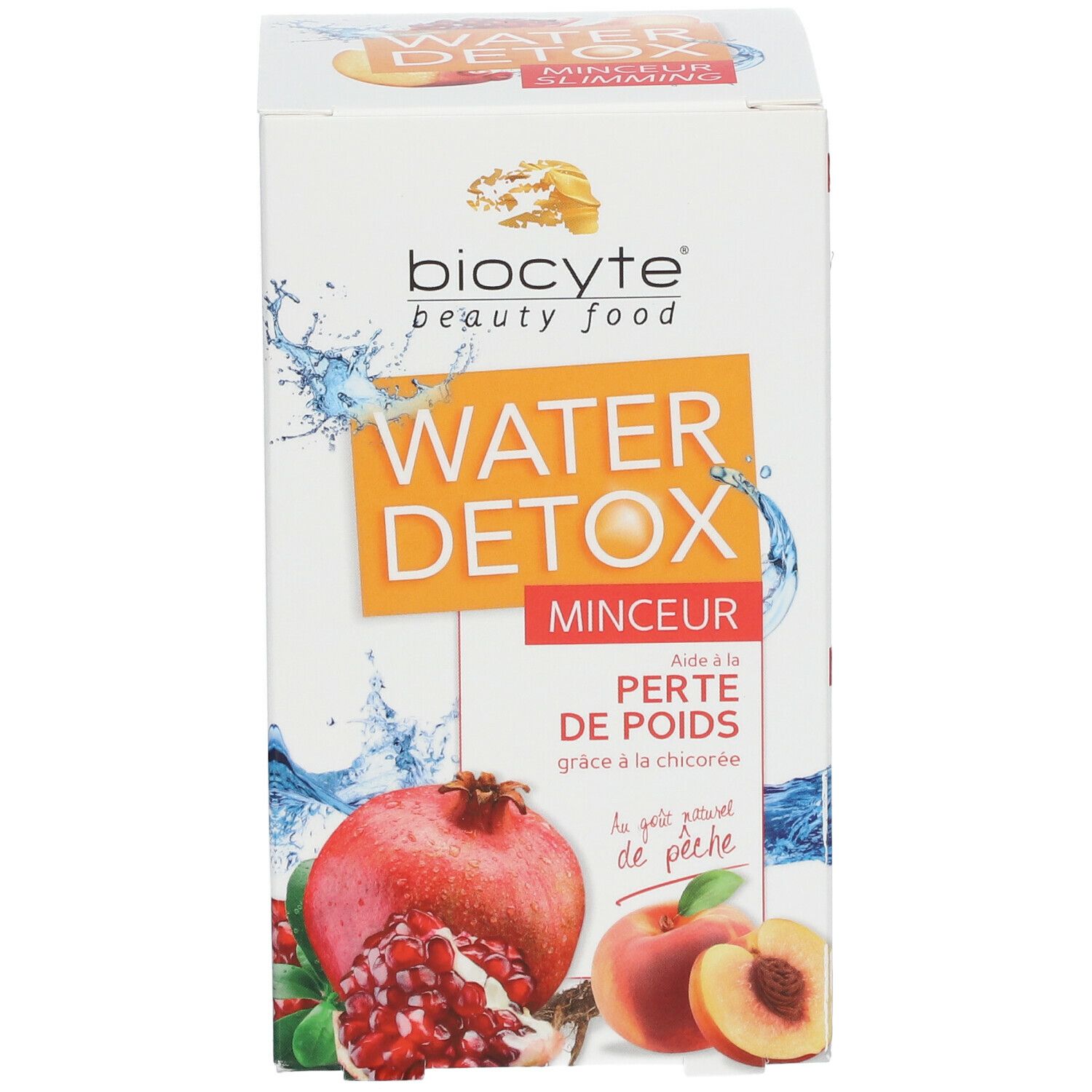 Biocyte Water Detox Faltschachtel. Abbildungen von Granatapfel und Pfirsich. Text: Water Detox Minceur.